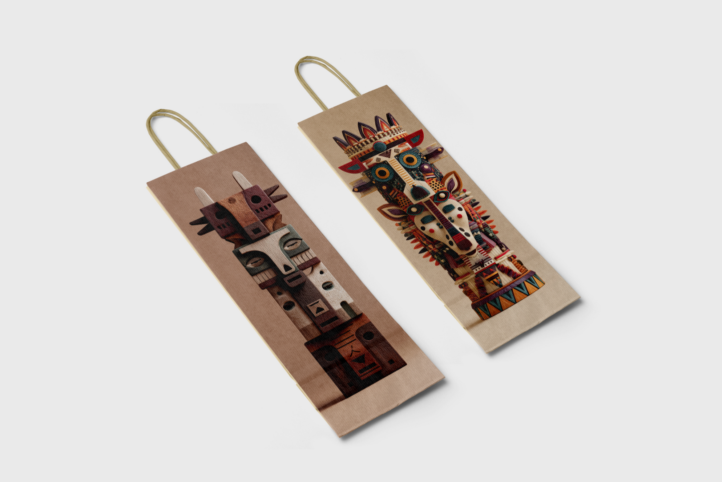 Two cardboard wine bags with decorative designs on a light gray background