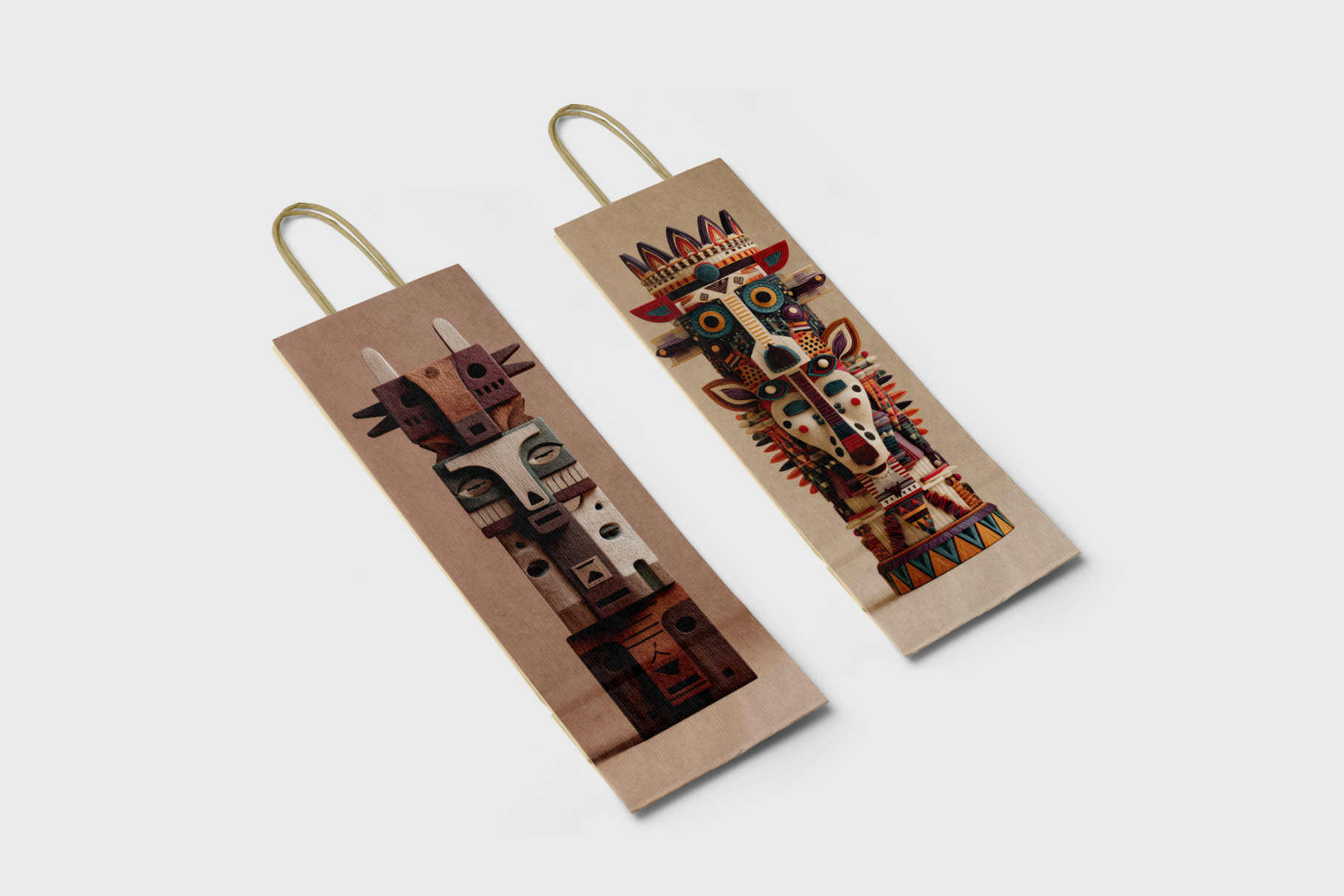Two cardboard wine bags with decorative designs on a light gray background
