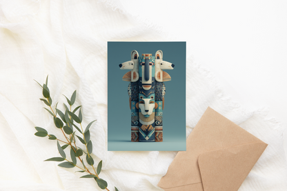 Greeting card with tribal mask design on a light background with a envelope and greenery.