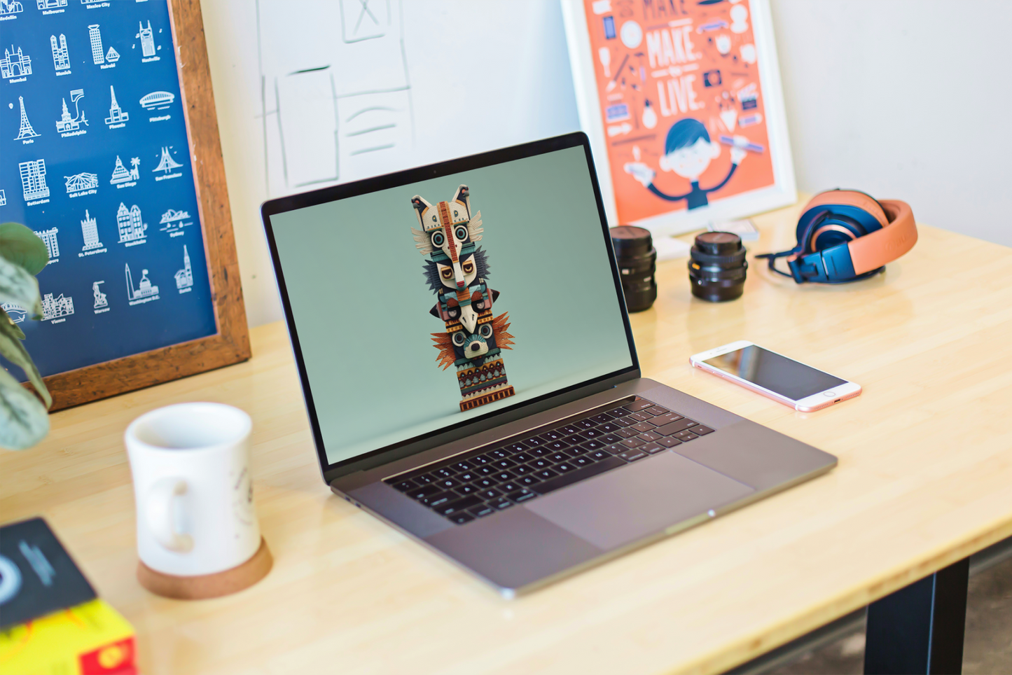 Laptop on a desk with a decorative totem pole image on the screen