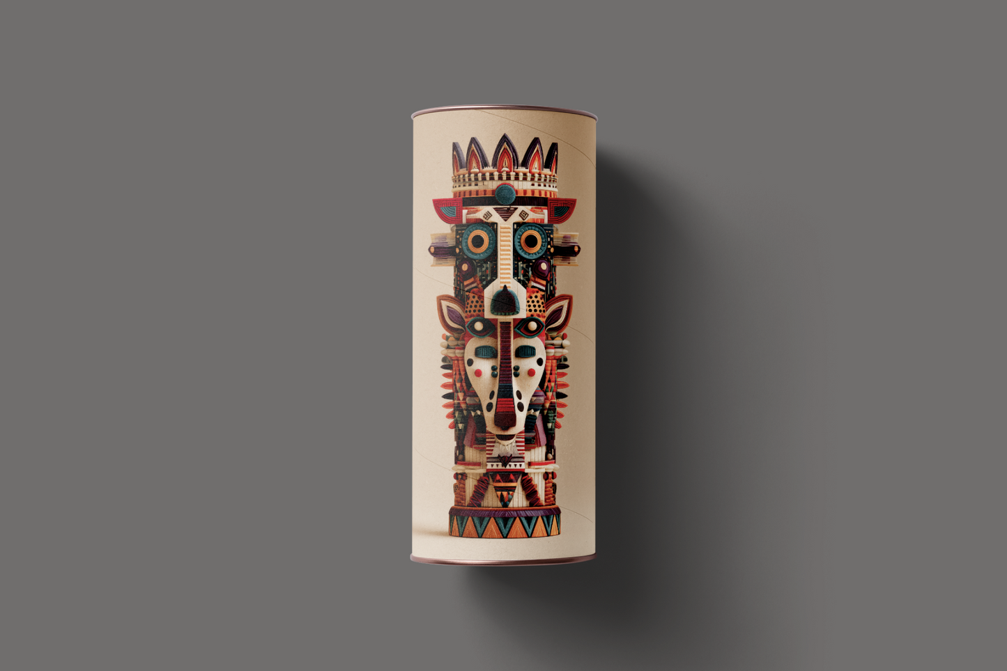 Decorative cylindrical object with tribal mask design on a gray background