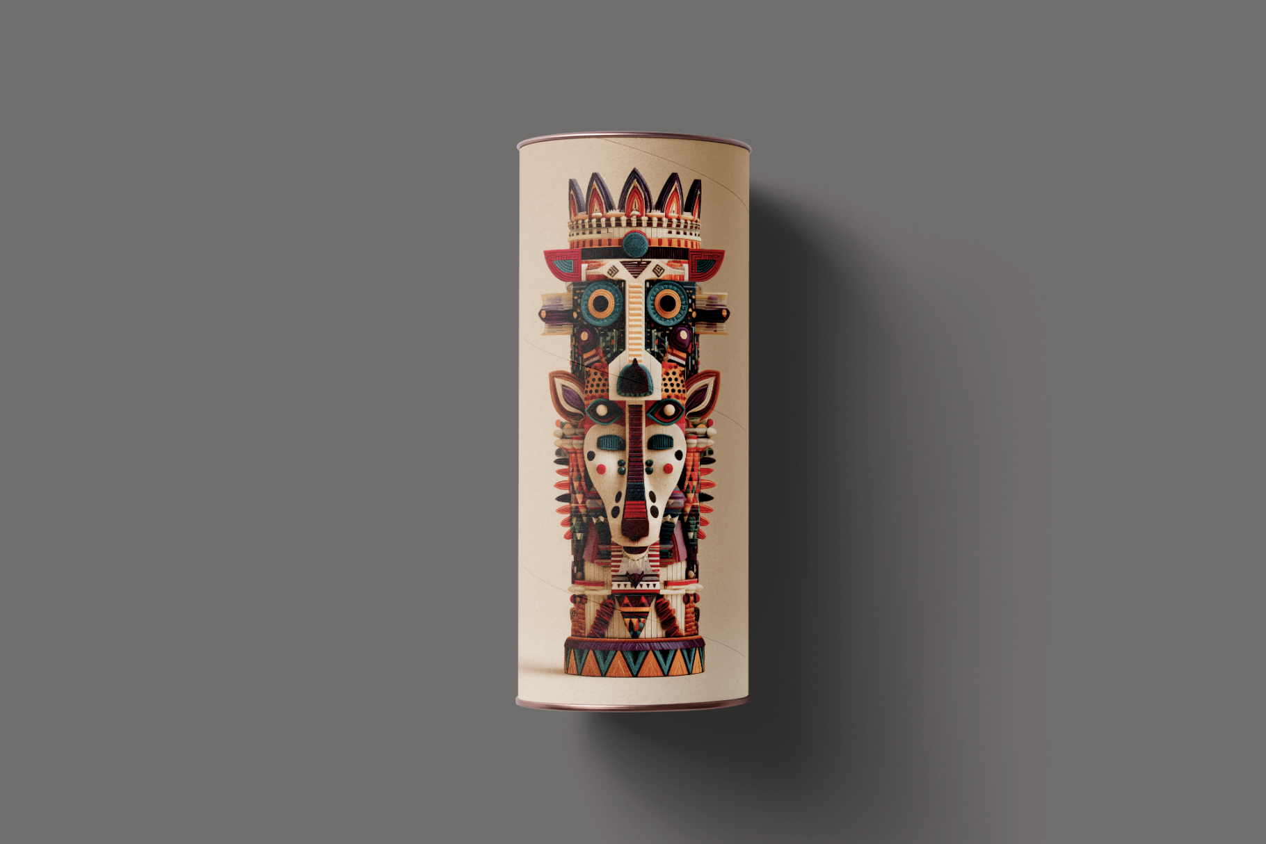 Decorative cylindrical object with tribal mask design on a gray background