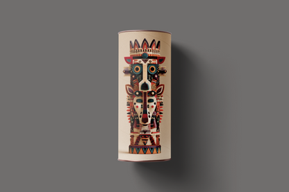Decorative cylindrical object with tribal mask design on a gray background
