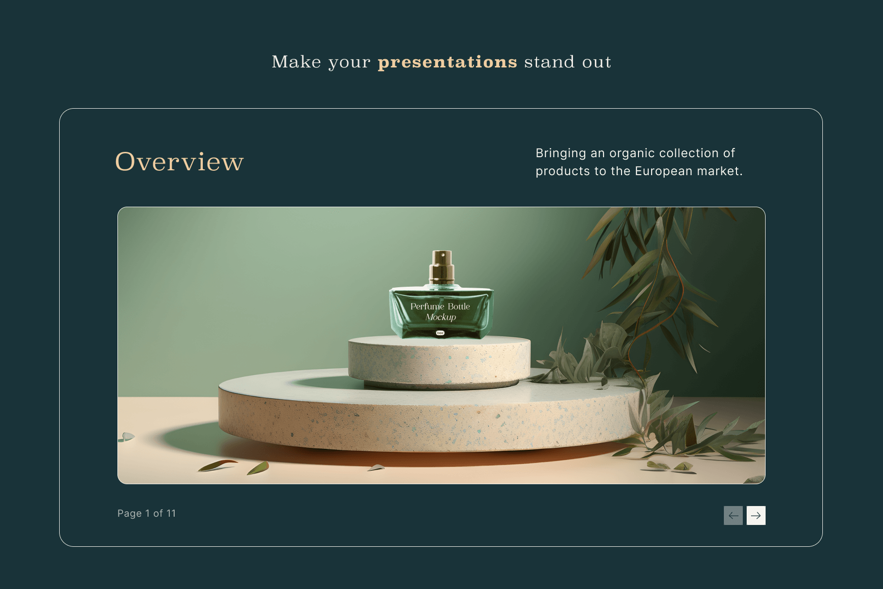 A photograph of a slide deck to advertise a perfume on a natural podium background with foliage elements on a green background.