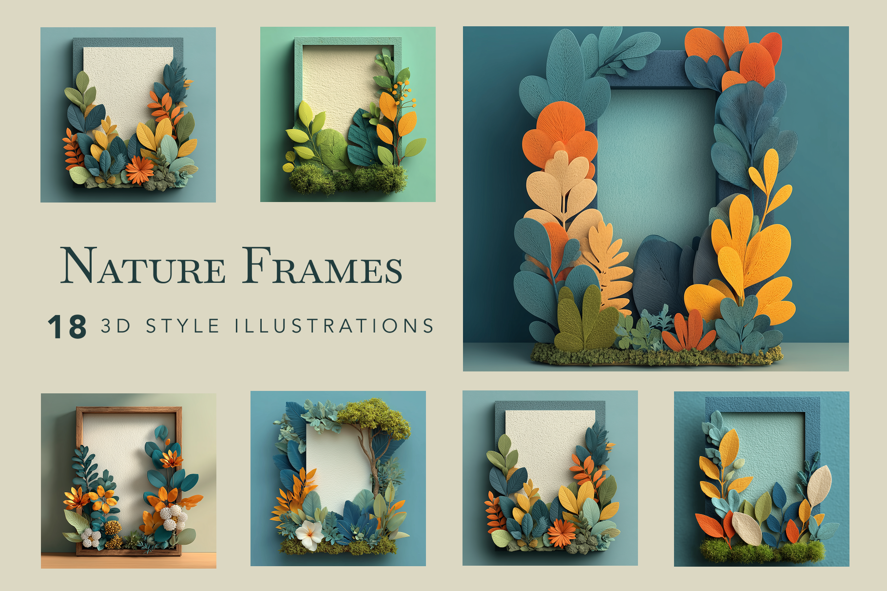 Collection of nature-themed frames with colorful foliage on a beige background.
