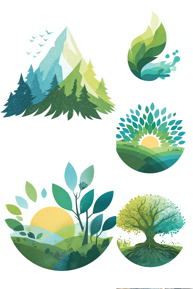 A set of five stylized vector illustrations featuring nature themes, including mountains, a leafy flame, a sun over trees, and a tree with roots, rendered in shades of green, blue, and yellow on a white background.