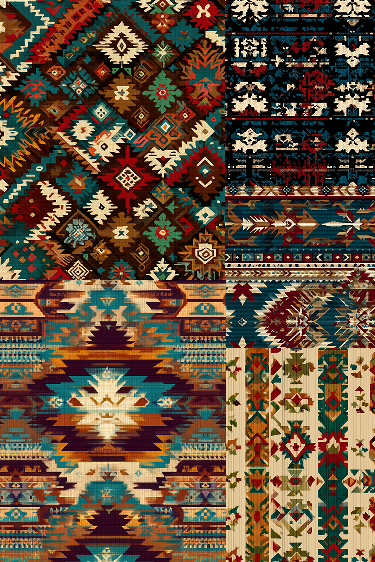 A close-up of a woven textile or rug showing multiple Southwestern-style geometric patterns in teal, rust red, brown, cream, and black.