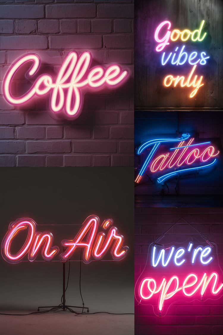 A collage of four neon sign designs displayed in different settings: 'Coffee' on a brick wall, 'Good vibes only' on a dark wall, 'On Air' on a stand, and 'we're open' with pink and blue neon glow.