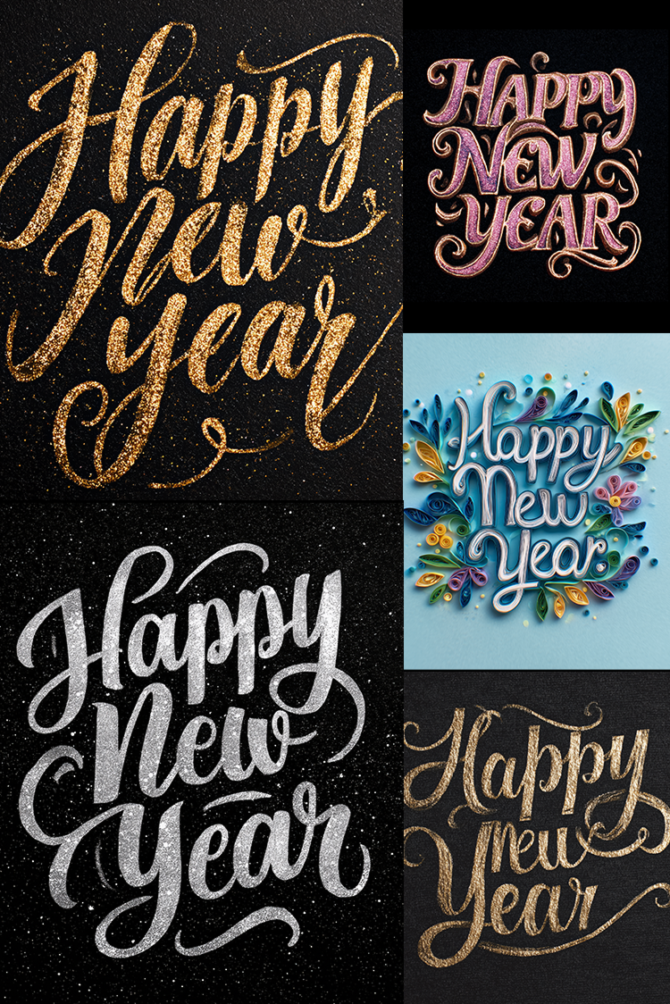 Collage of 'Happy New Year' text in various colors and styles on black backgrounds.