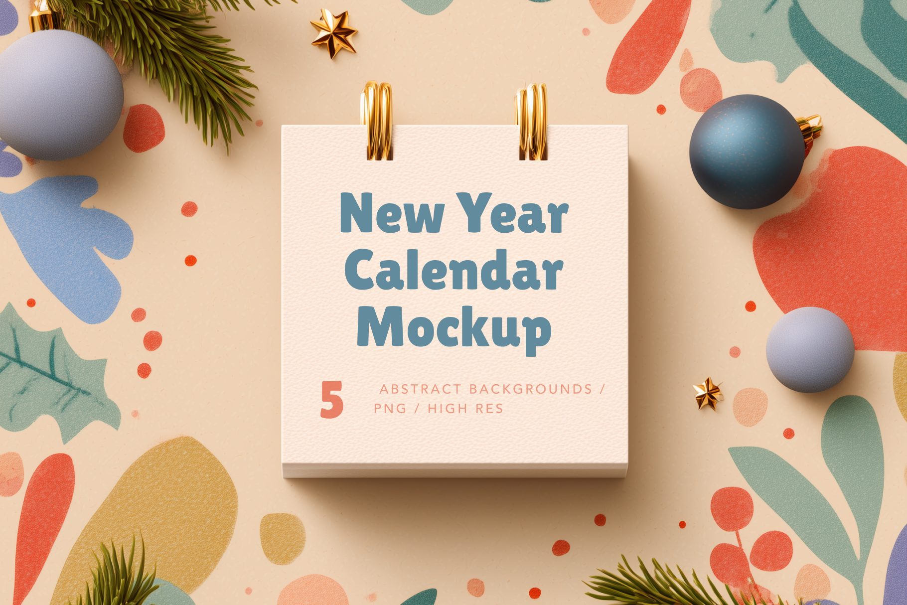 New Year calendar mockup on a decorative background with Christmas ornaments