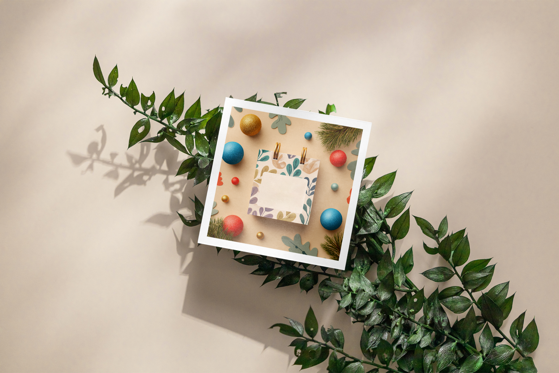 Framed artwork with colorful balls and a plant on a beige background