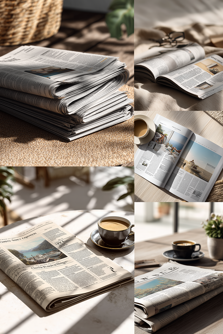 A six-panel collage showing folded and open newspapers arranged on a table with cups of coffee, plants, and warm natural light. The newspapers feature grayscale columns and small scenic photographs.