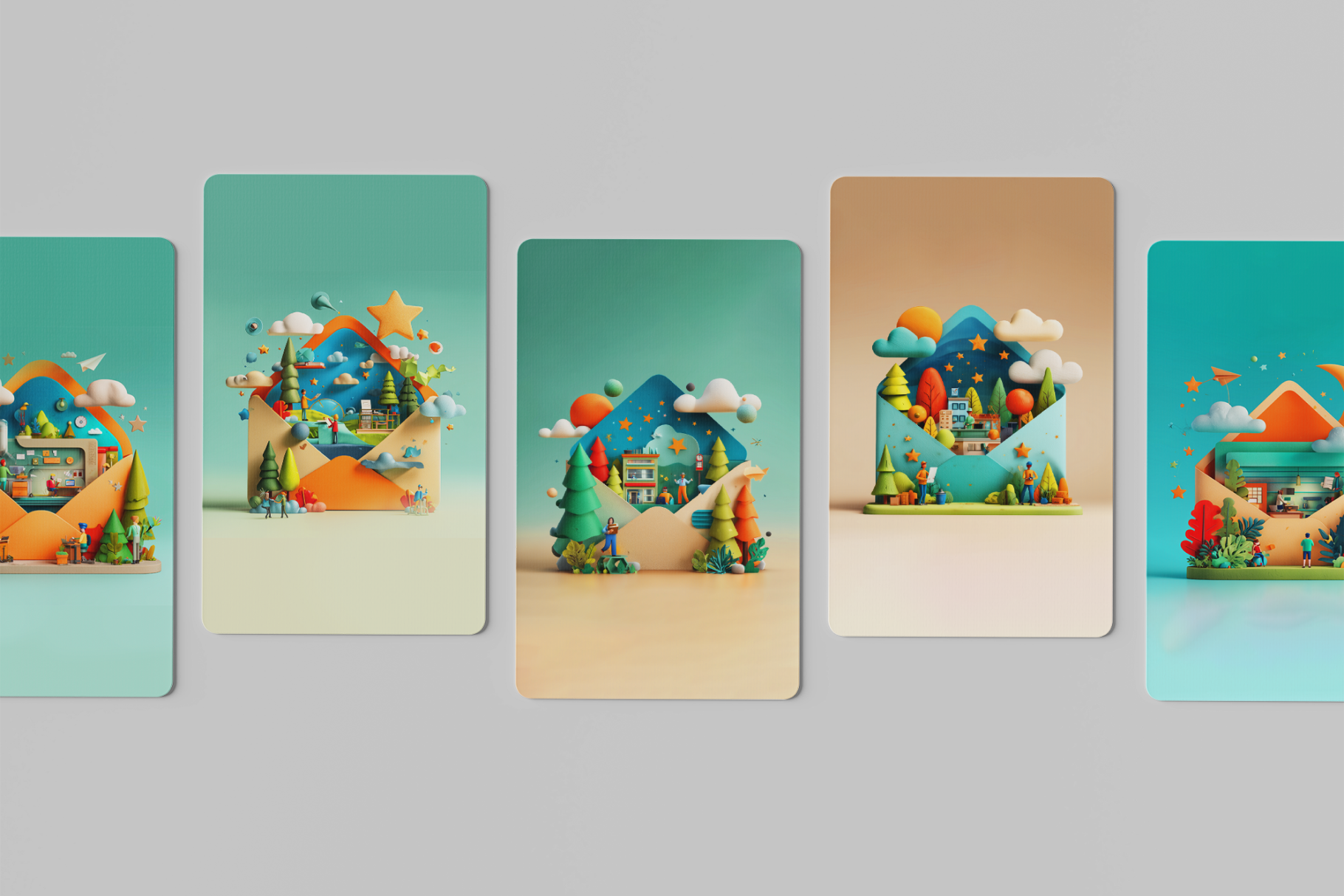 Set of colorful greeting cards with playful designs on a gray background