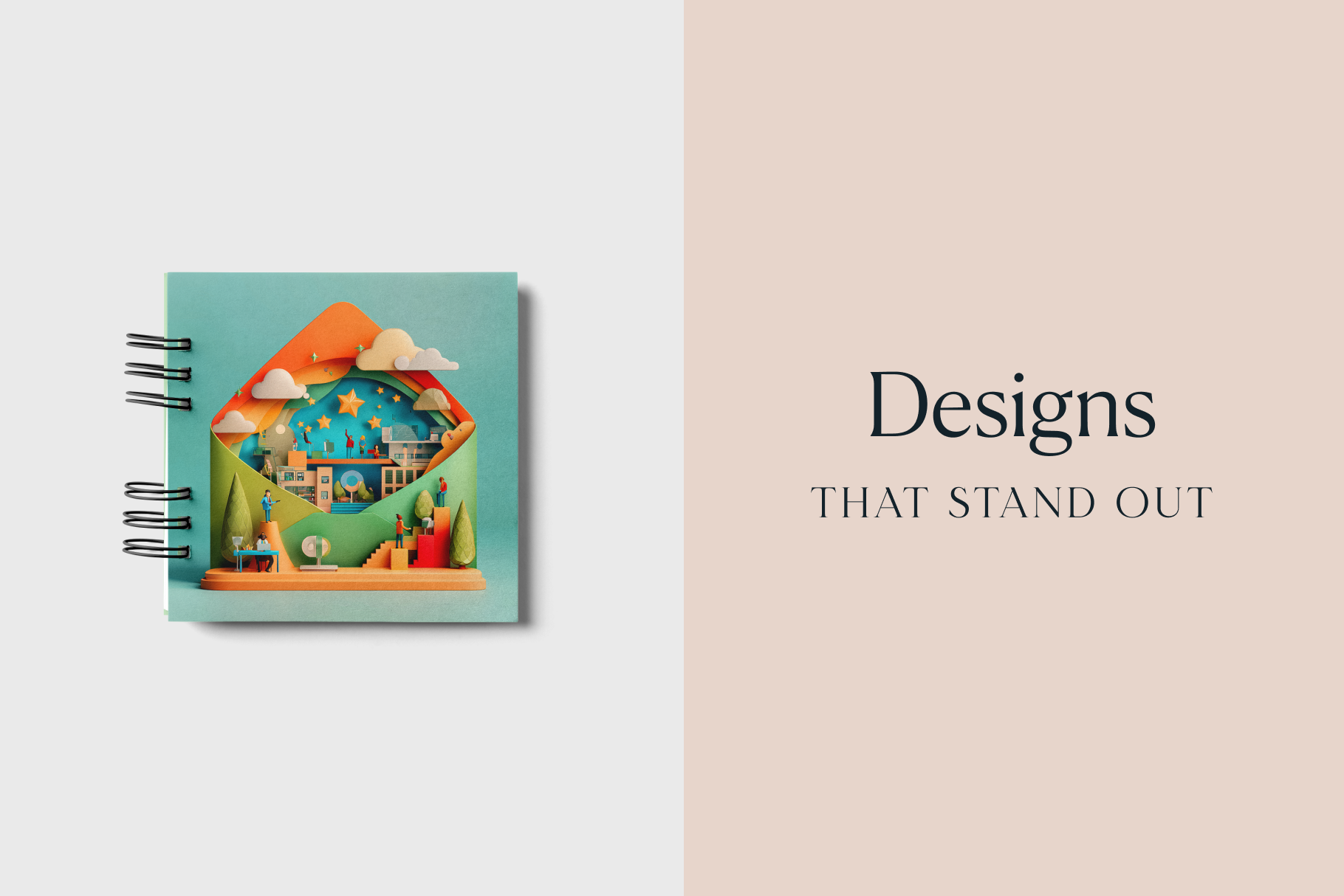 Notebook with colorful design on a light gray background with text 'Designs THAT STAND OUT'.
