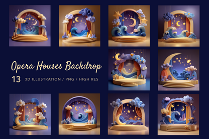 Opera houses backdrop with celestial design, featuring 13 3D illustrations.