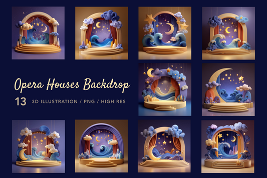 Opera houses backdrop with celestial design, featuring 13 3D illustrations.