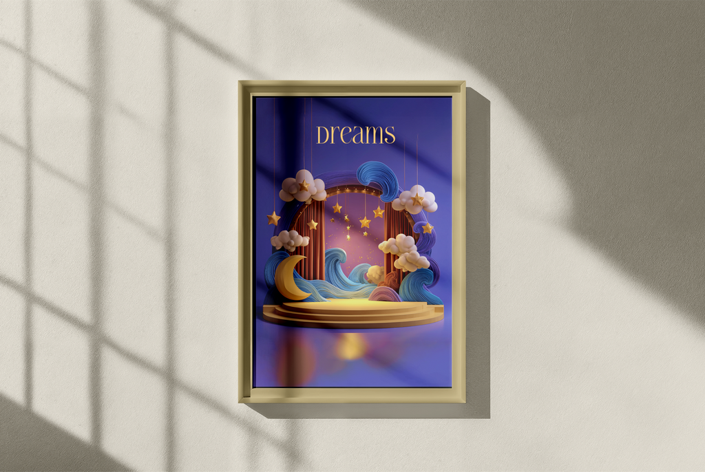 Framed artwork with 'dreams' text and decorative elements on a purple background