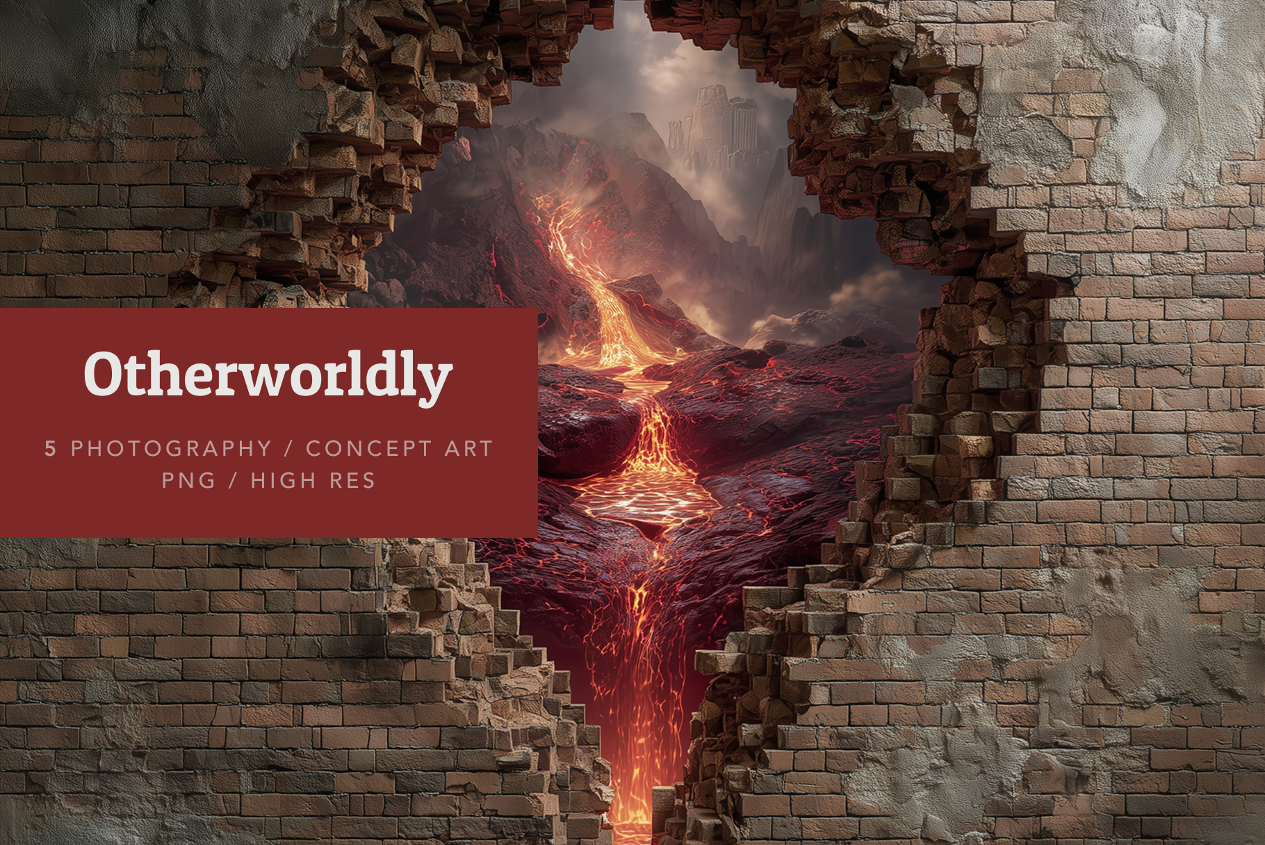 Framed mountain landscape with lava flowing through a brick wall, labeled 'Otherworldly'.
