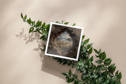 Framed artwork on a beige background with green leaves