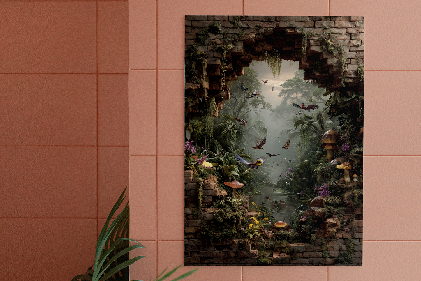 Framed artwork of a fantasy scene with a stone wall and garden on a pink tiled wall.