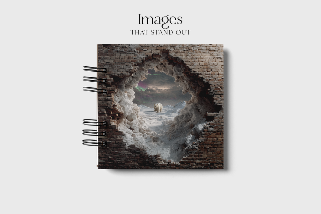Notebook with a scenic cover featuring a bear and ocean through a brick wall, on a white background.