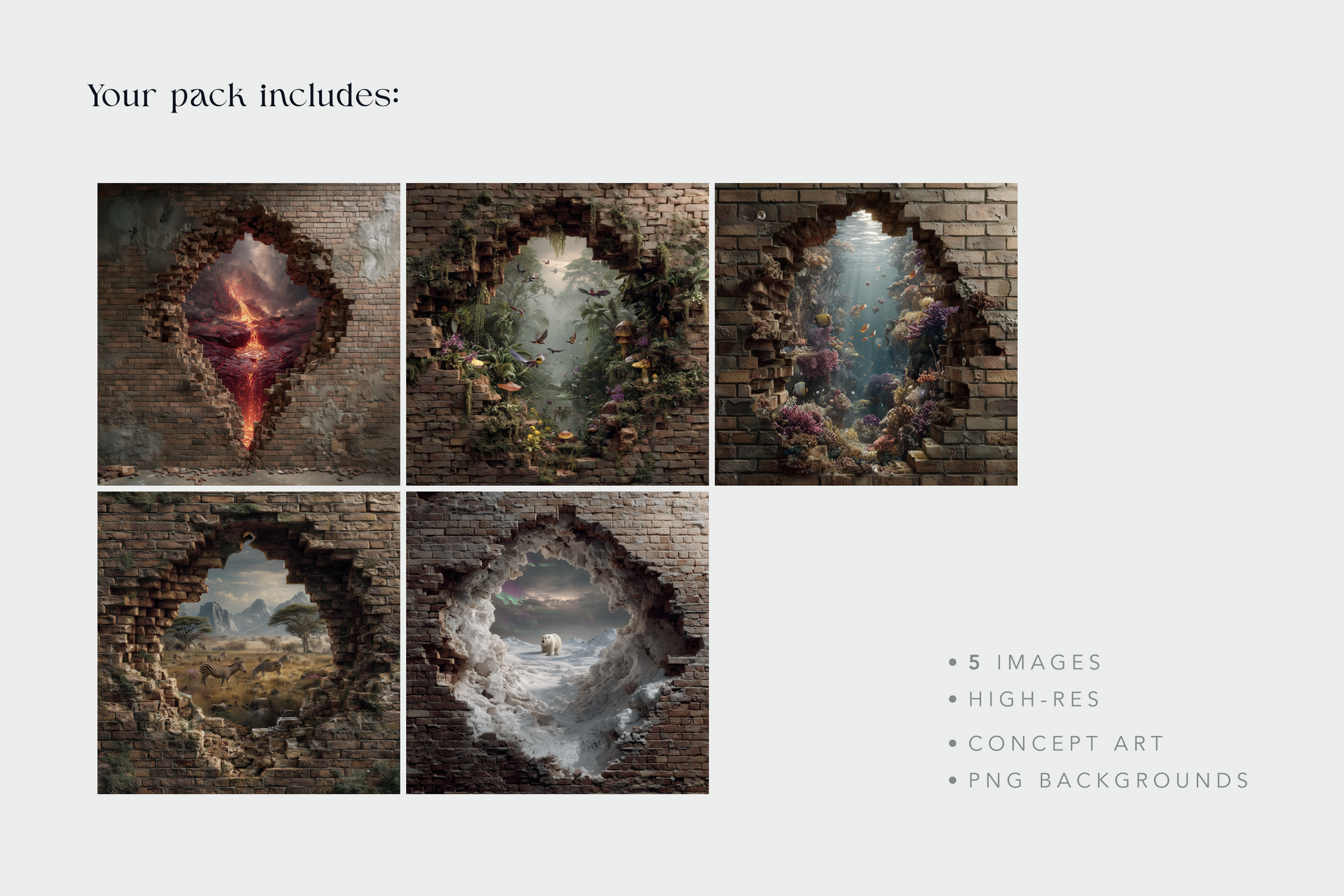 Five concept art images of broken walls with different scenes inside, on a light gray background.