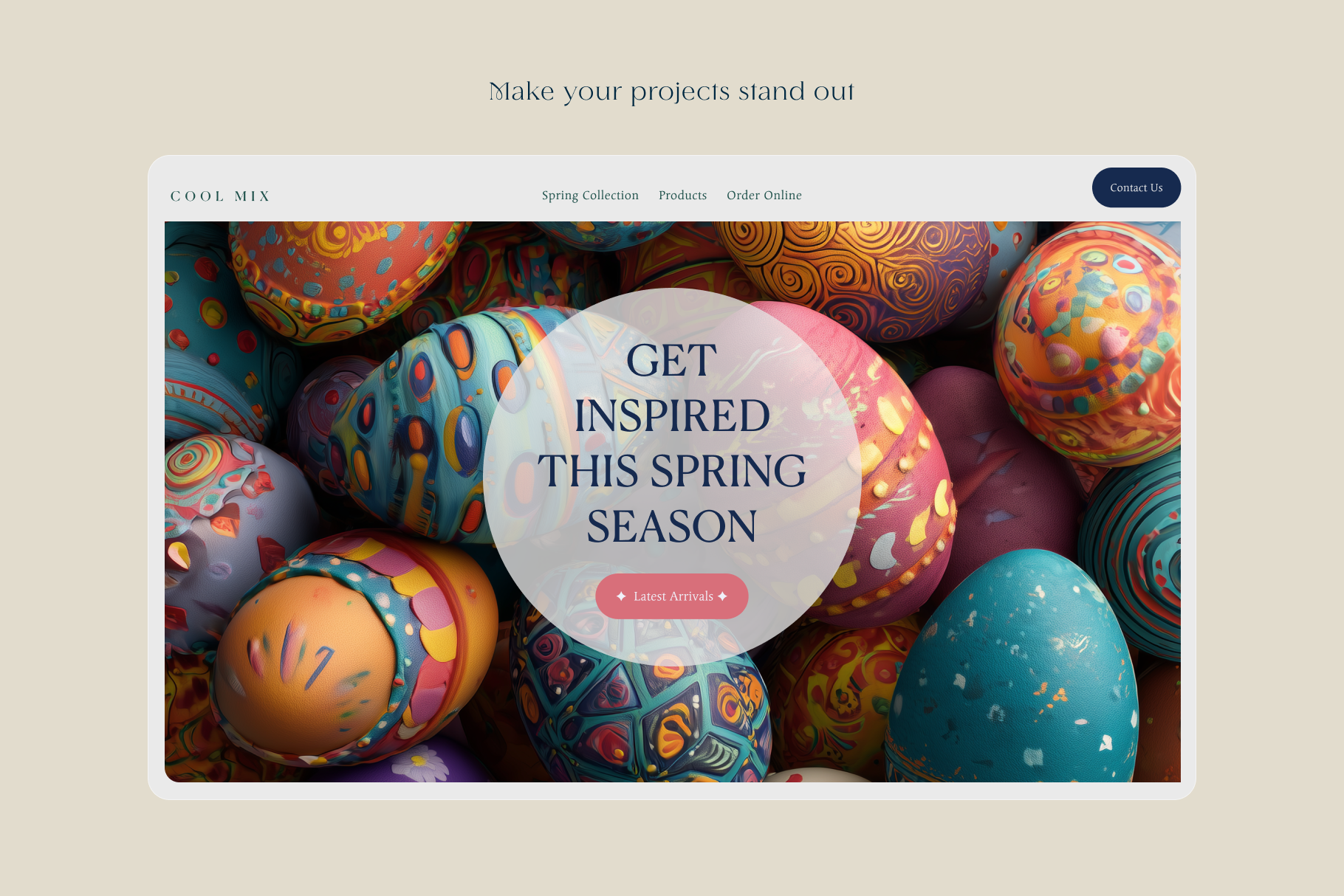 Colorful Easter eggs with a call to action text on a beige background