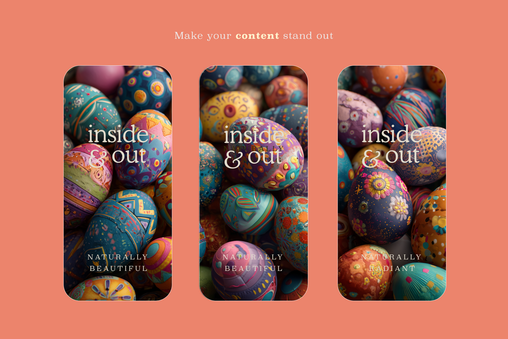 Three smartphone screens displaying colorful Easter eggs with 'inside & out' text on a peach background.