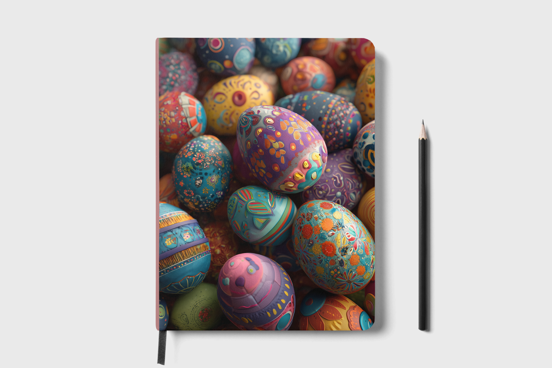 Notebook with colorful Easter egg design on cover, next to a pencil.