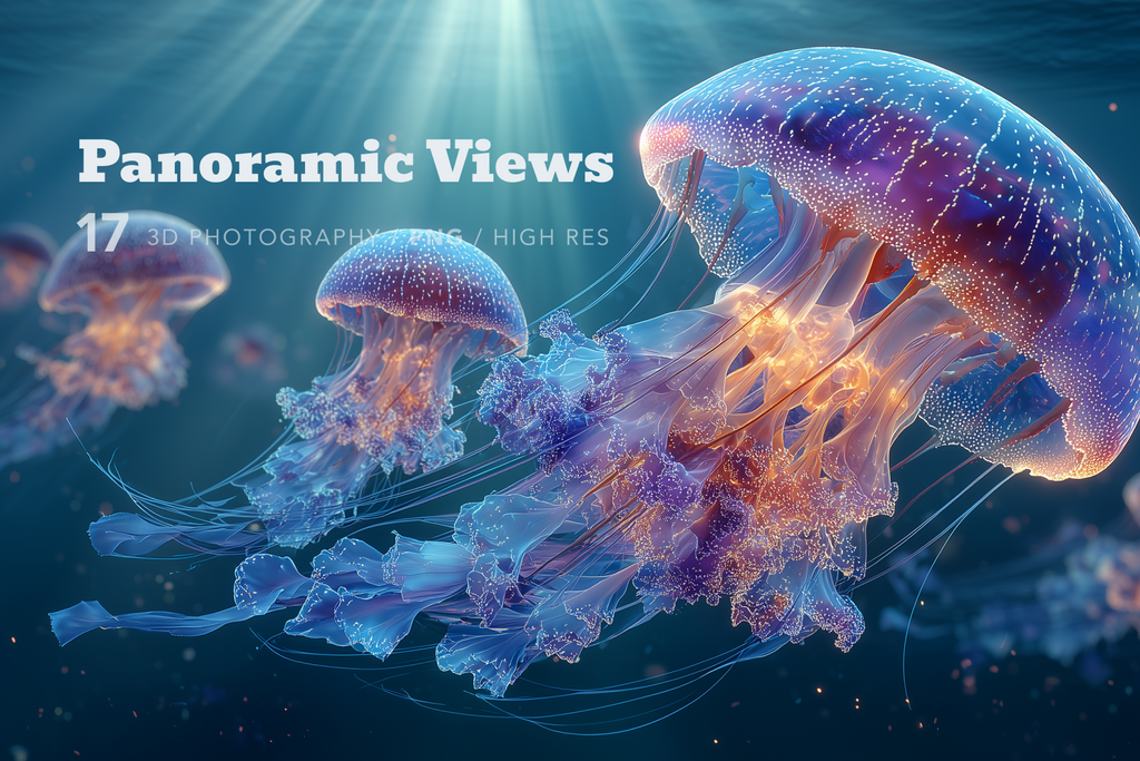 3D rendered jellyfish with 'Panoramic Views' text overlay