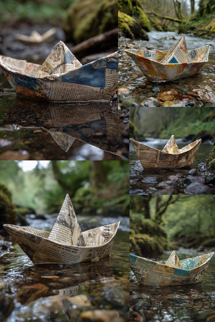 A collage of five photographs showing small paper boats made from folded newspaper floating on shallow water in a forest stream. The boats have a weathered tan, blue, and brown printed newspaper pattern.