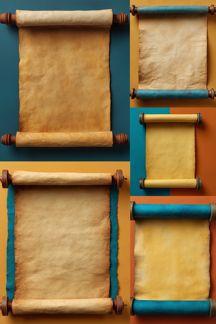 A collage of five vintage-style parchment scrolls with wooden rollers, shown in different sizes and color variations against solid teal, orange, and yellow backgrounds.