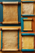 A collage of five vintage-style parchment scrolls with wooden rollers, shown in different sizes and color variations against solid teal, orange, and yellow backgrounds.