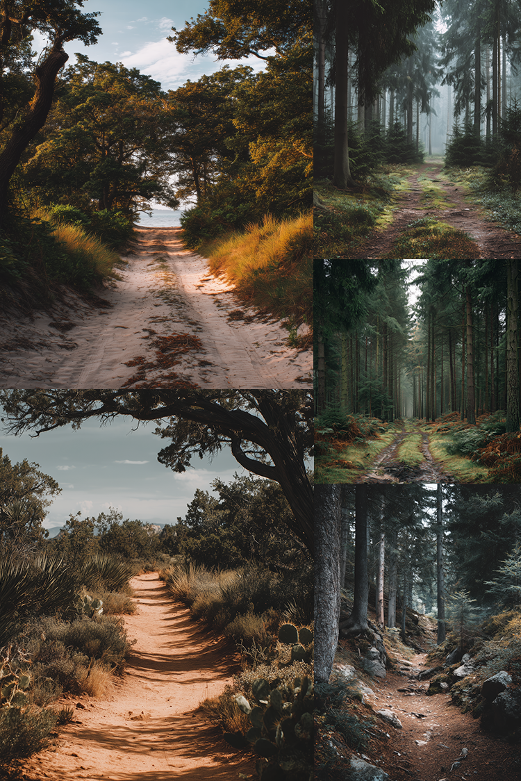 A collage of five forest and dirt-path scenes with trees, grass, mist, and sunlight filtering through woods.