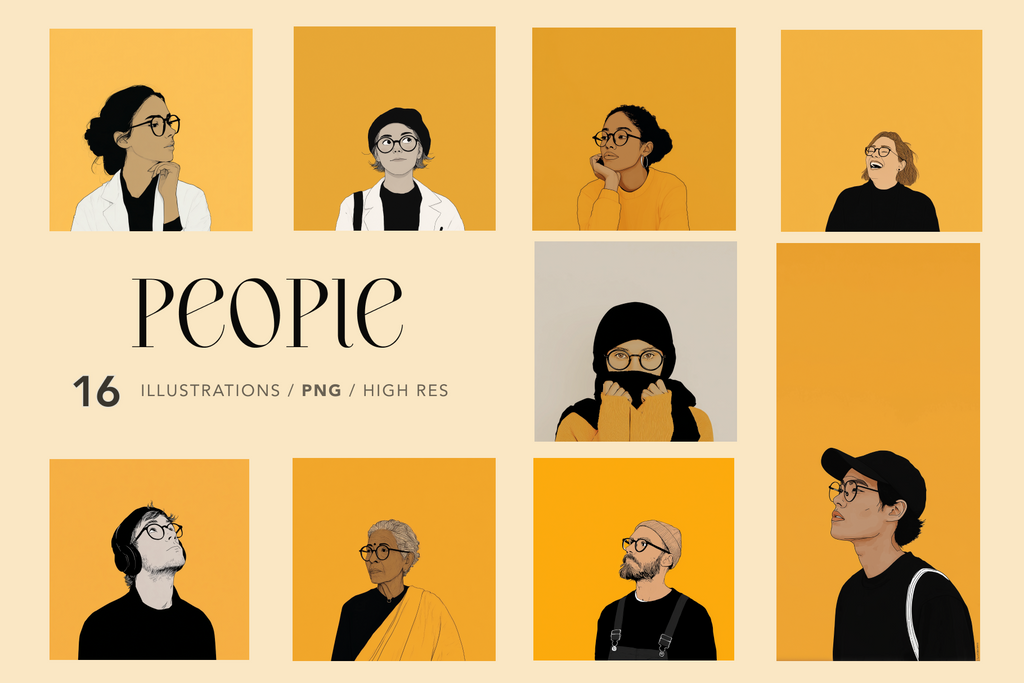 Set of illustrated people with different hairstyles and clothing on a beige background.