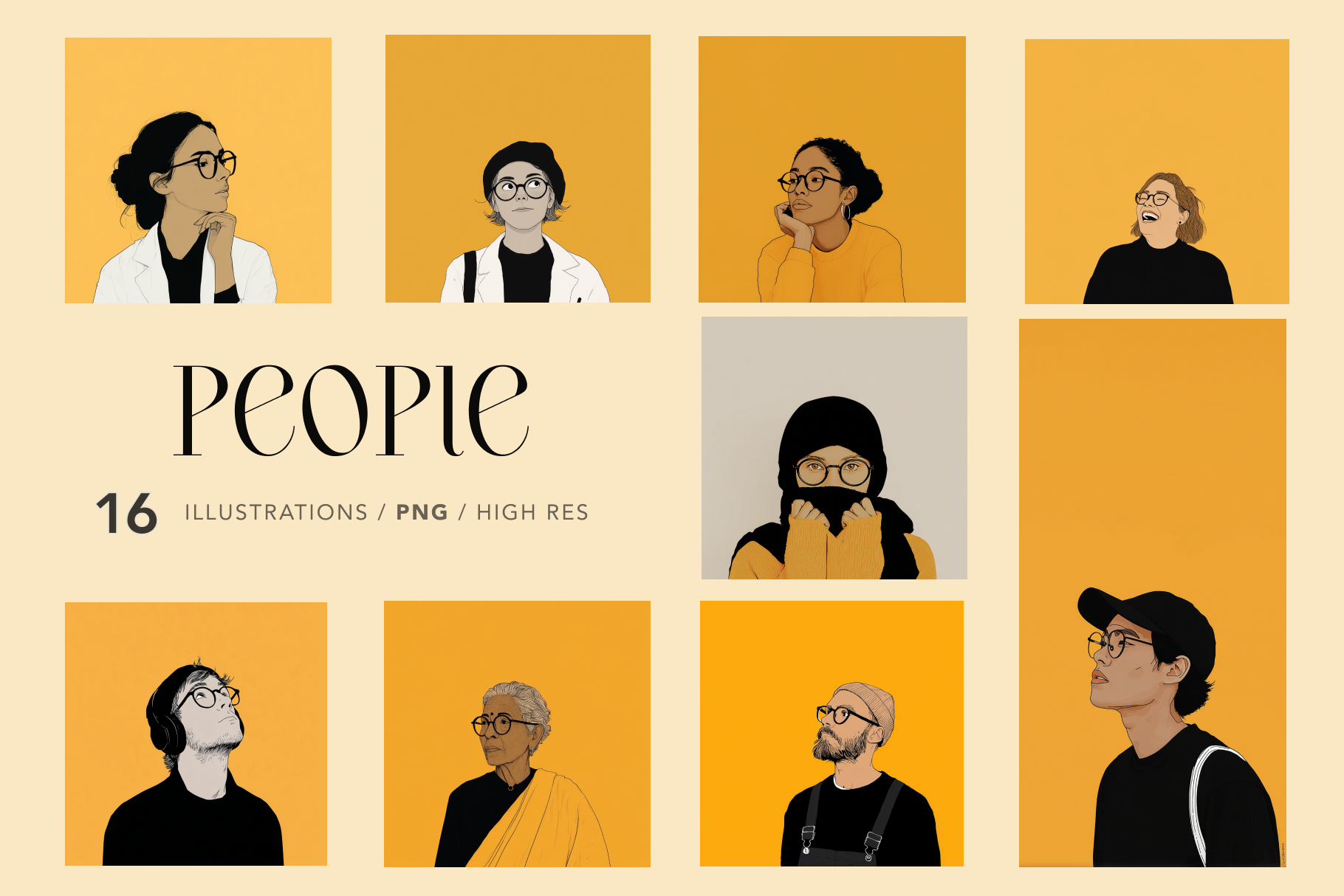 Set of illustrated people with different hairstyles and clothing on a beige background.