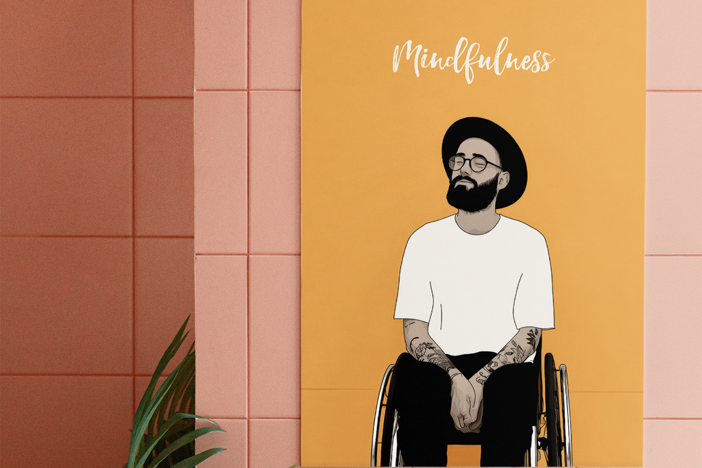 Illustration of a person in a wheelchair with tattoos, wearing glasses, against a warm-toned wall with 'Mindfulness' text.