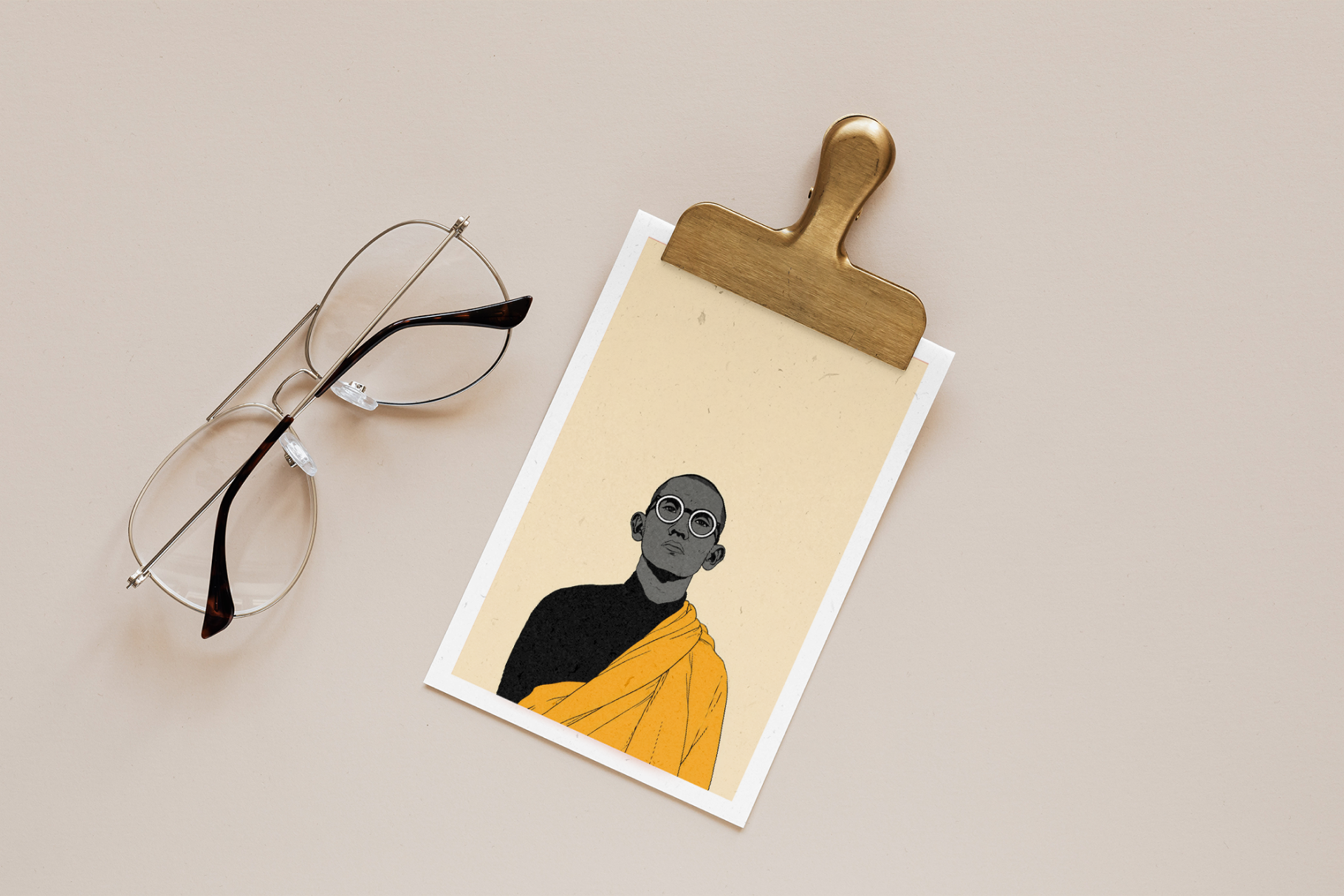 Clipboard with a portrait of a person in black and orange attire, accompanied by eyeglasses on a beige background.