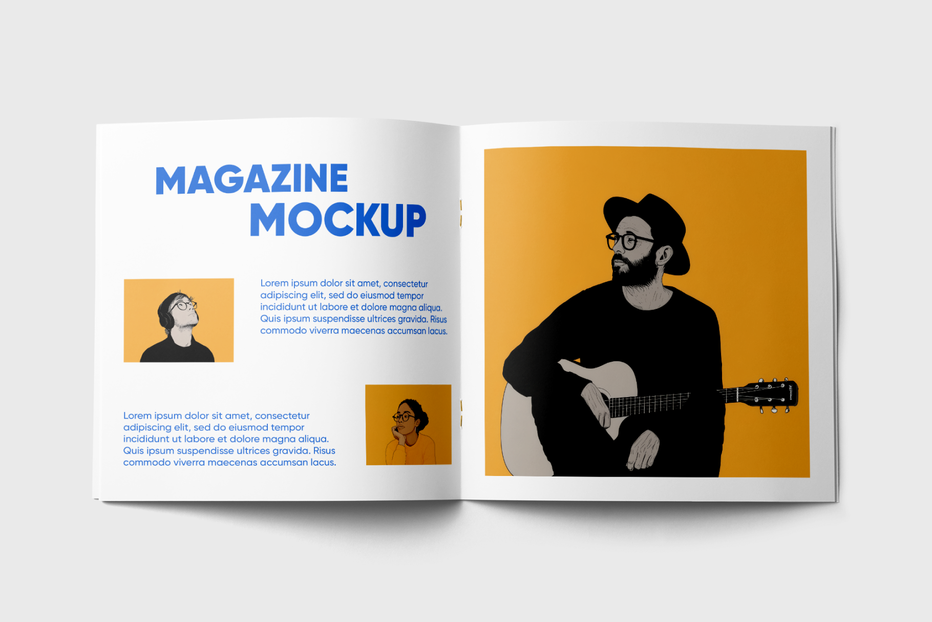 Open magazine mockup with a person playing guitar on an orange background