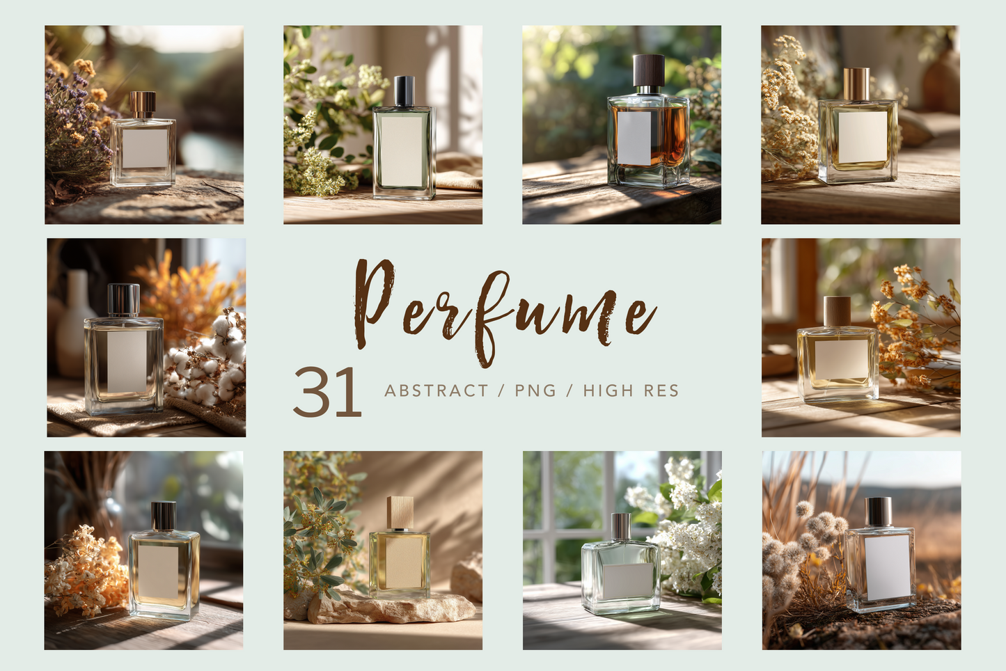 Collage of perfume bottles with scenic backgrounds on a light gray background.