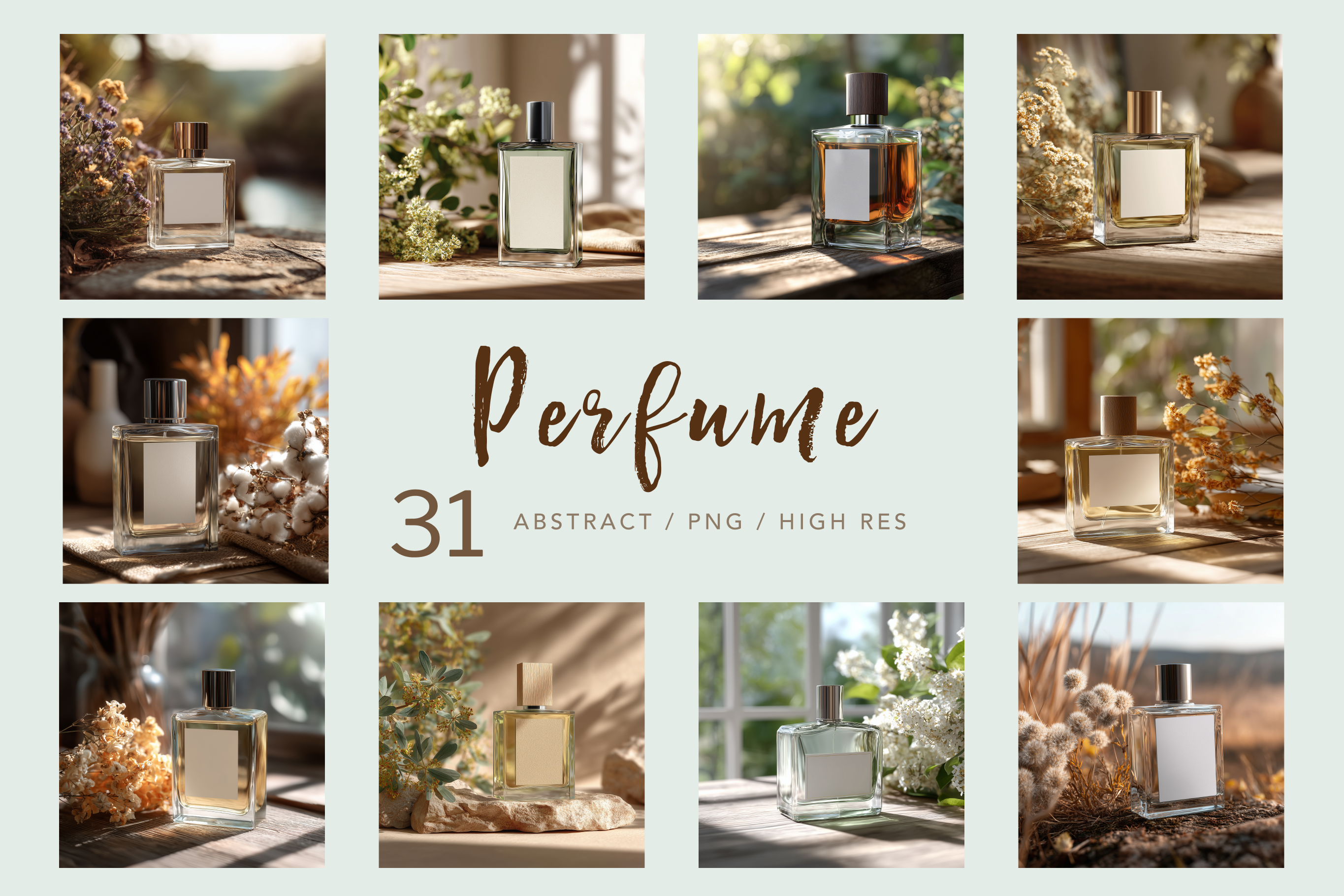 Collage of perfume bottles with scenic backgrounds on a light gray background.