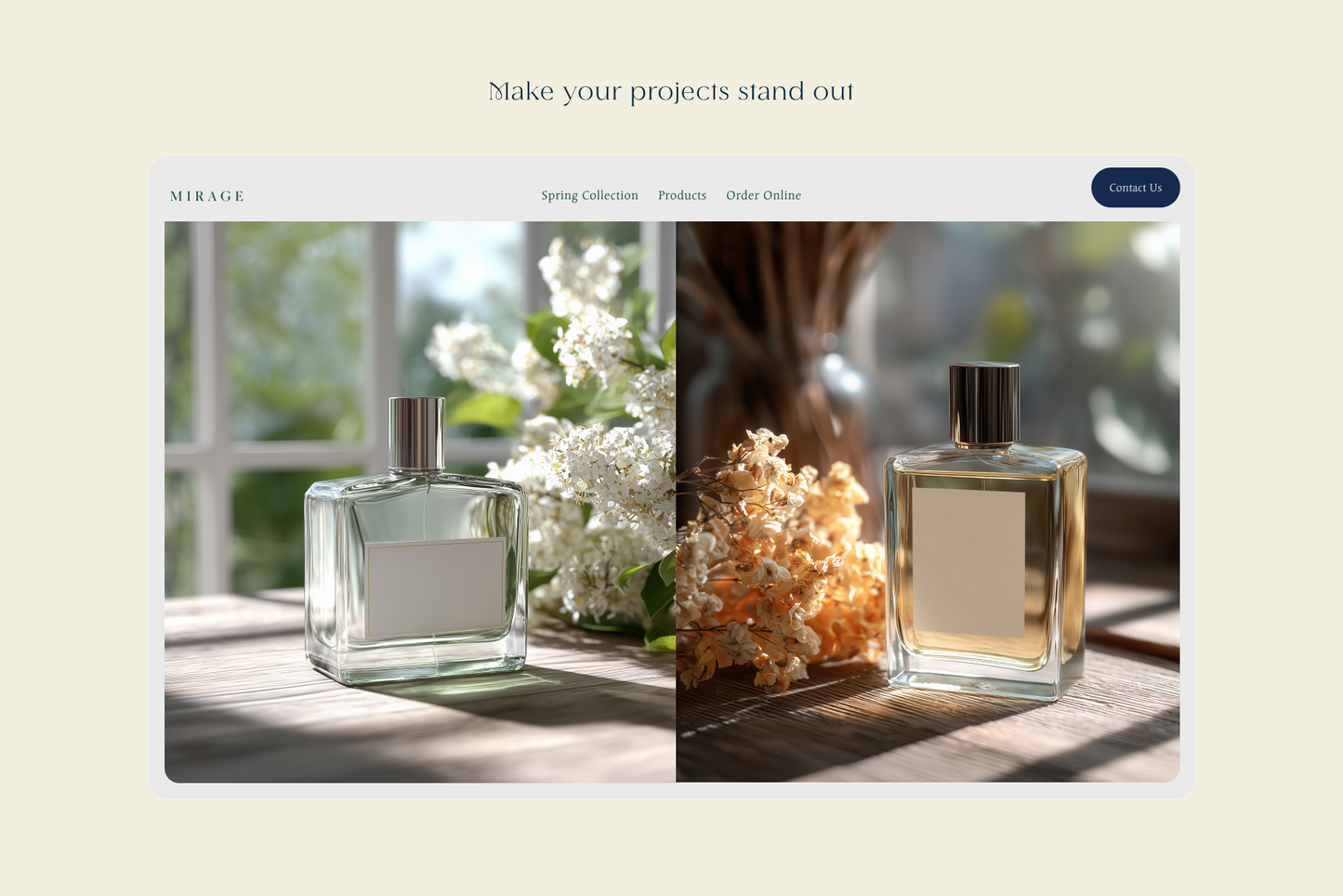 Two perfume bottles on a website with a focus on branding and product display.
