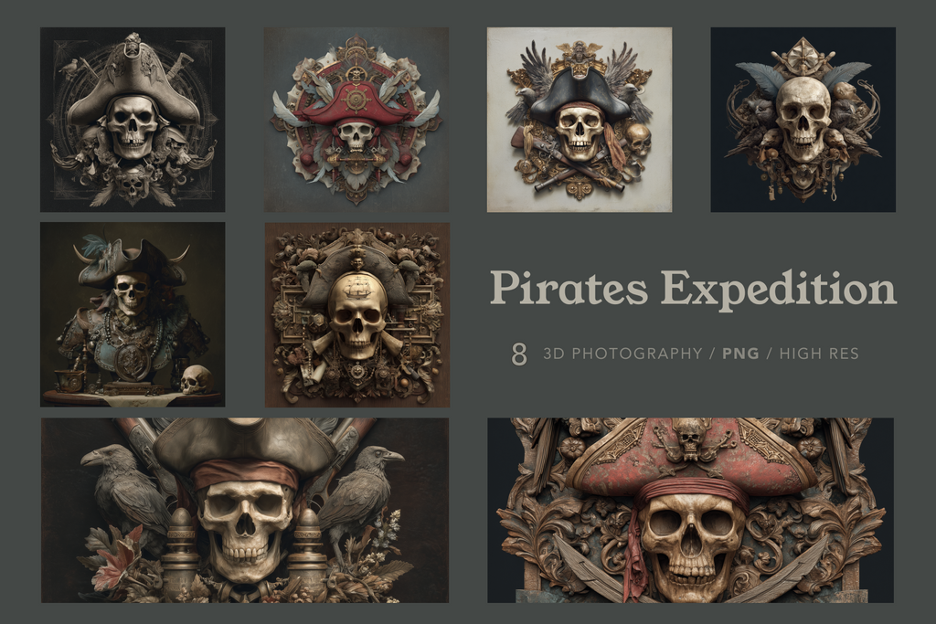 Collage of 3D pirate-themed illustrations with skulls and hats on a dark background.