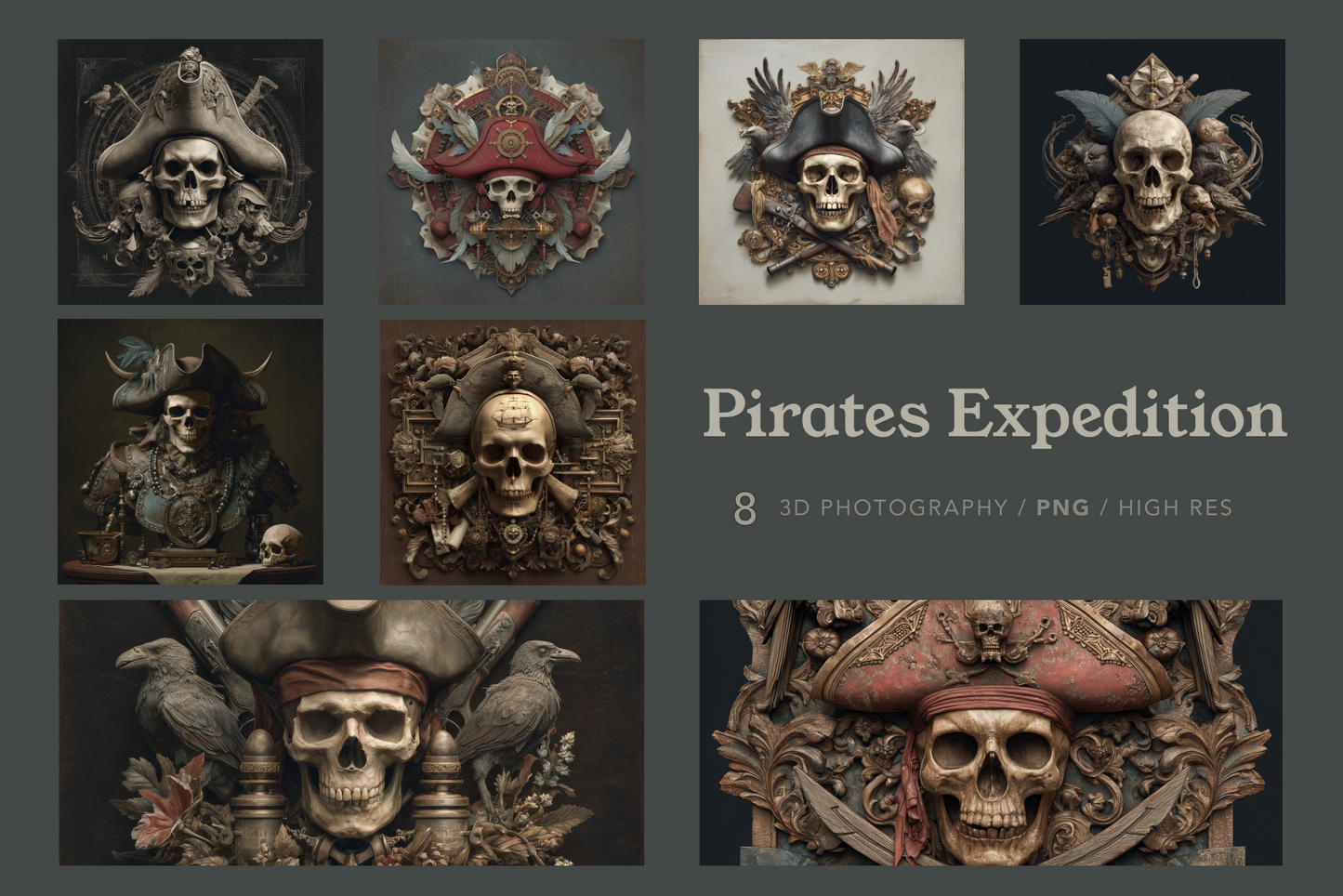 Collage of 3D pirate-themed illustrations with skulls and hats on a dark background.