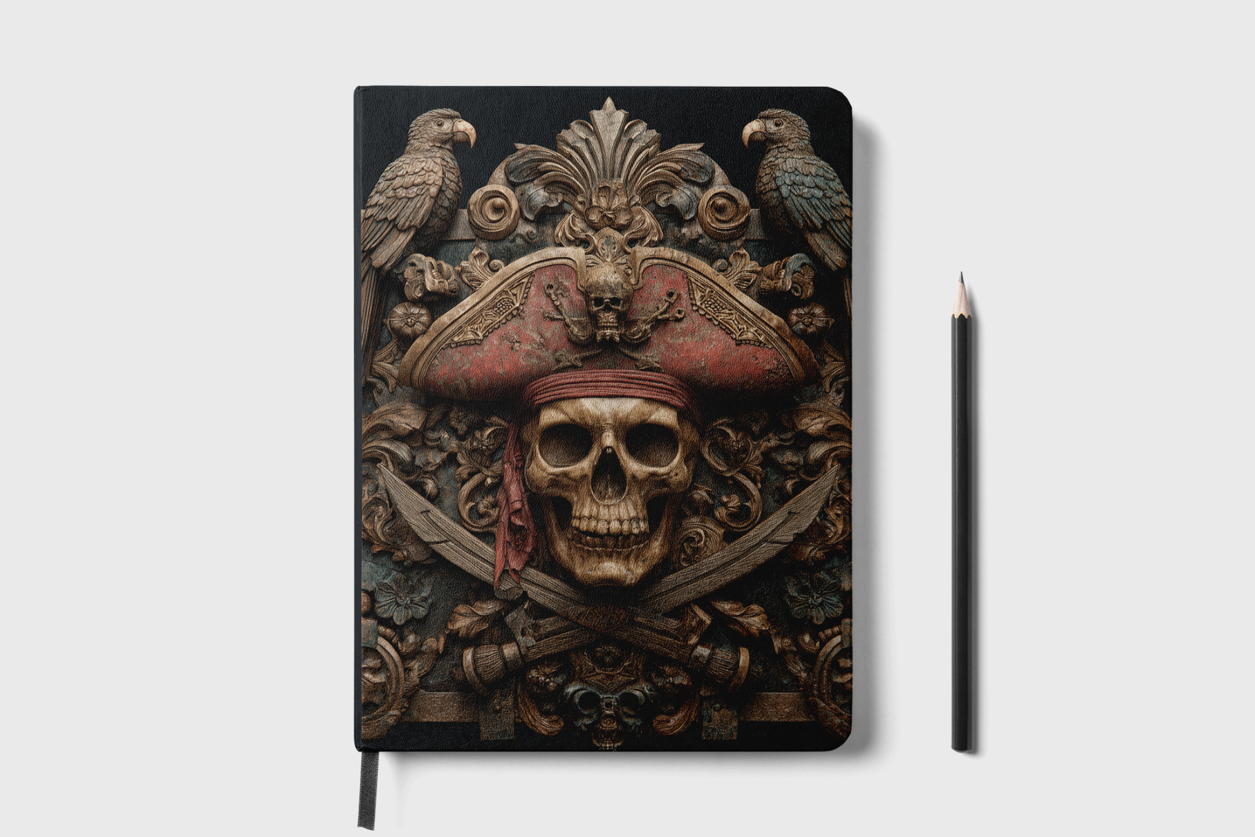 Notebook with a pirate-themed cover featuring a skull and crossed swords on a white background