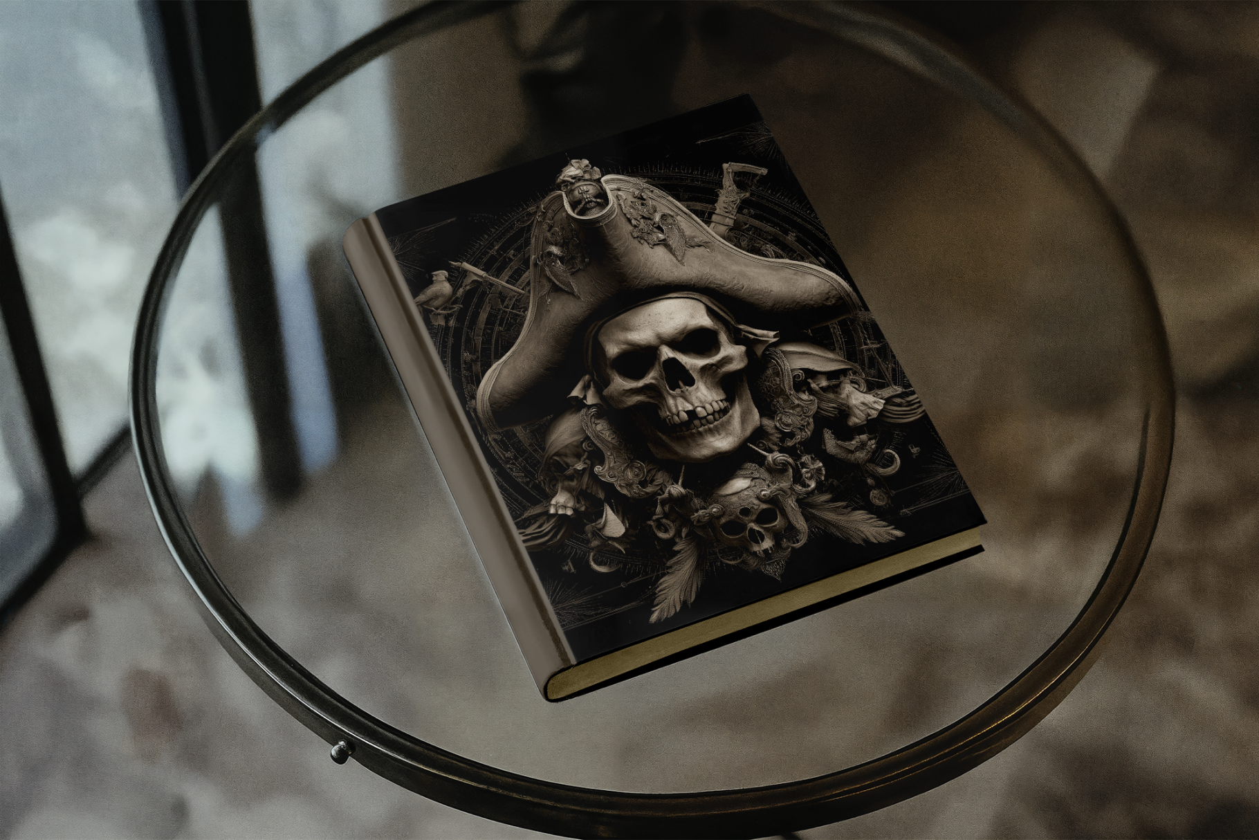 Book with a skull and crossbones design on a glass table