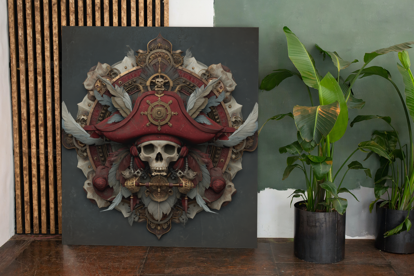 Decorative wall art with a skull and red hat on a dark background, placed indoors with plants.