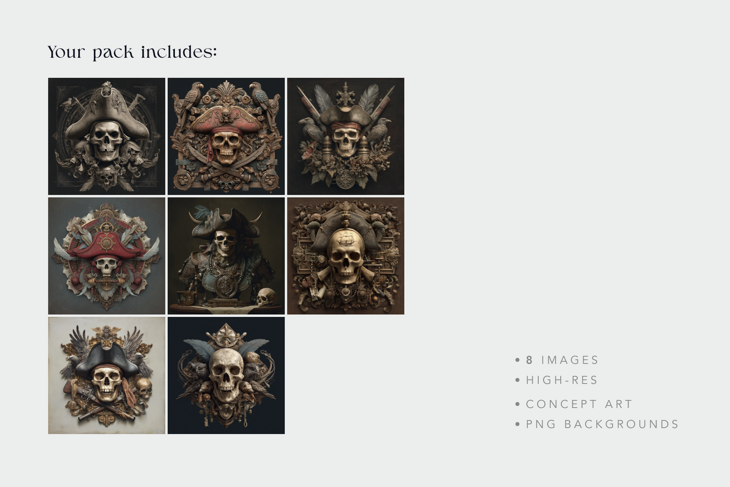 Collection of skull-themed decorative elements on a gray background with text indicating product details.