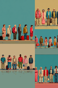 A stylized collage of multiple illustrated groups of people standing on platforms or in front of buildings, rendered in a retro pixel-art or low-poly aesthetic with muted teal, beige, pink, red, blue, and yellow tones.