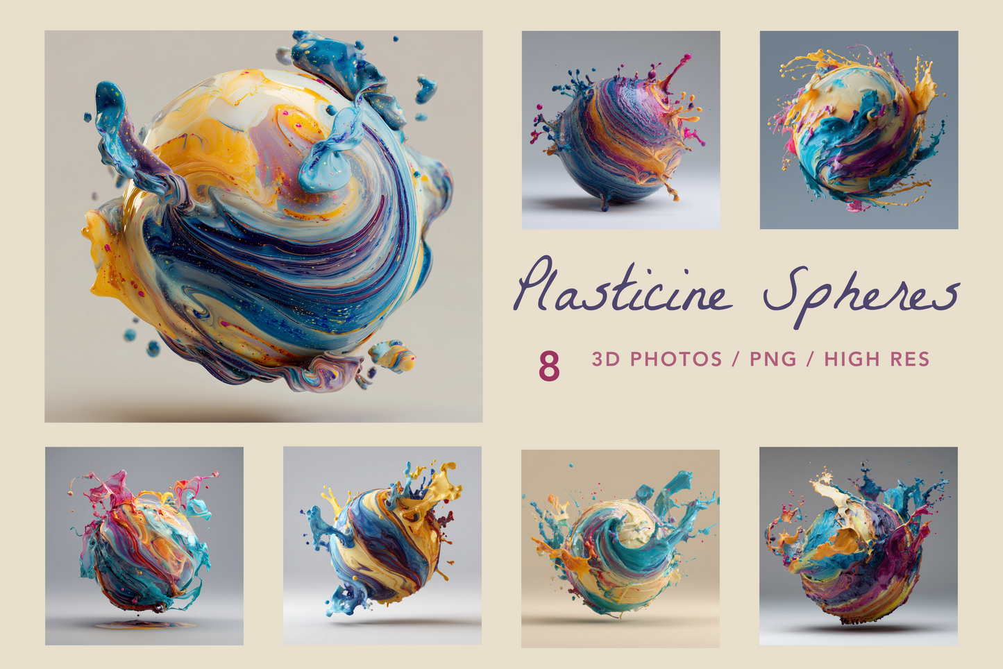 Colorful plasticine spheres with text indicating 3D photos and high resolution.